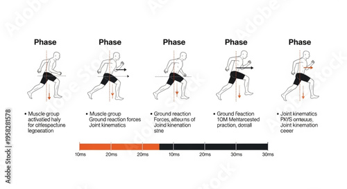 Illustration of a man running through five phases highlighting muscle activation and joint movement