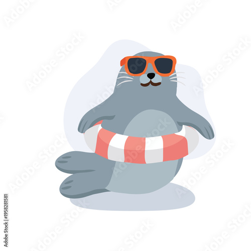 cute cartoon seal wearing sunglasses with swimming ring. marine animal summer beach illustration