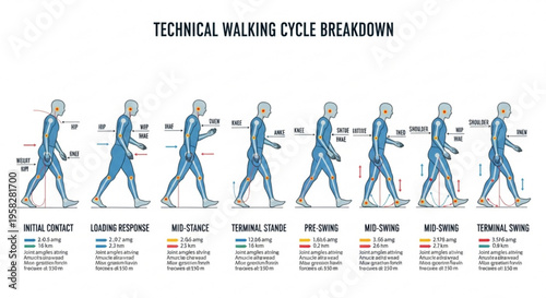 Detailed technical walking cycle breakdown diagram with eight phases