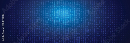 Abstract blue binary code technology background with digital data stream of ones and zeros, futuristic matrix pattern for cyber security banner