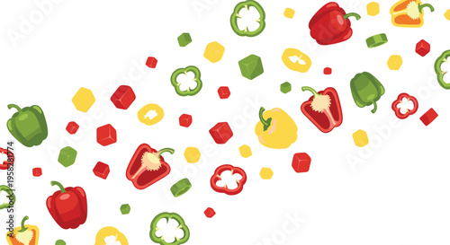 Colorful Bell Pepper Seamless Pattern Vector with Sliced and Whole Capsicum Pieces, Red Yellow Green Vegetables Background for Food Design and Packaging