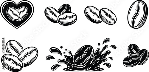 Coffee bean icon collection, stylized black white design, beverage branding illustration, cafe product concept art, roasted coffee symbol graphic