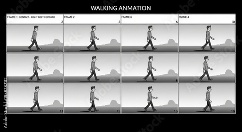 Walking animation frames of a man in a suit walking on a road with hills in the background in grayscale