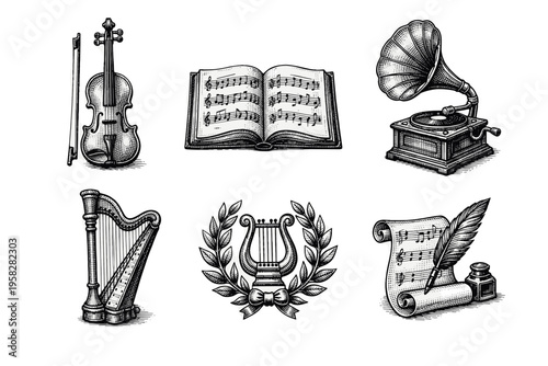 Vintage music symbols set in black and white engraved illustration style with violin gramophone harp sheet music and lyre emblem
