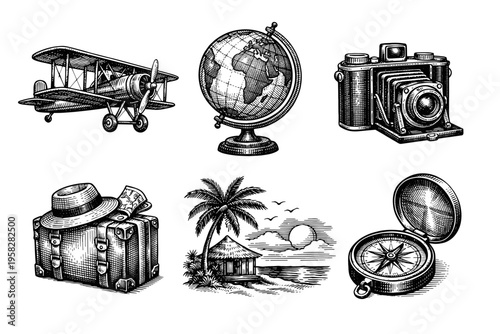 Vintage travel set in black and white engraved illustration style with suitcase globe camera airplane mountains and summer vacation accessories