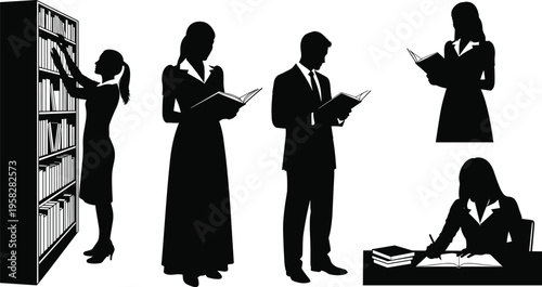 Silhouette of people reading studying in library, academic research illustration, educational learning concept, literary engagement art, knowledge study environment design