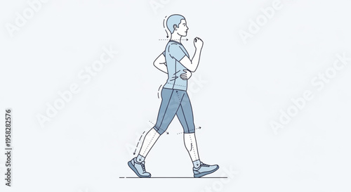Woman in athletic wear jogging or running in a dynamic motion with one arm bent and fist clenched on a plain background