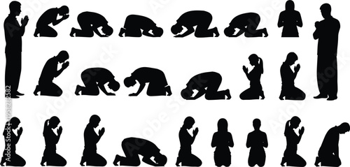 Silhouette collection of people praying kneeling bowing worship meditation spiritual devotion religion faith prayer poses isolated black figures set varied