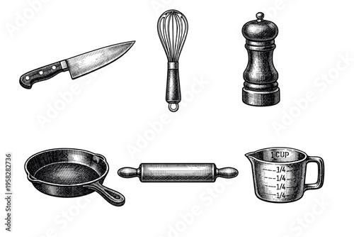 Vintage kitchen utensils set in black and white engraved illustration style with chef knife frying pan whisk cutting board rolling pin and grinder