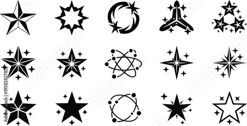 Star icons silhouette collection, celestial cosmic motif illustration, decorative sparkle design, astronomy themed graphic art, night sky symbol concept, ornamental pattern