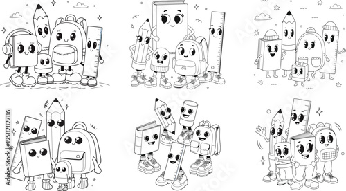 Kawaii Friends Group Coloring Page – Cute Animal Picnic, Ocean Creatures, Food Characters, Space Adventure and School Kids Cartoon Line Art for Kids