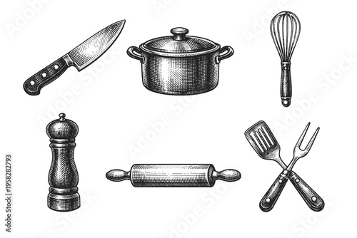 Vintage kitchen utensils set in black and white engraved illustration style with chef knife frying pan whisk cutting board rolling pin and grinder