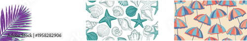 summer-themed vector collection featuring a bright purple tropical palm frond, a seamless pattern of hand-drawn teal seashells and starfish, and retro repeating pattern of red and blue beach umbrellas