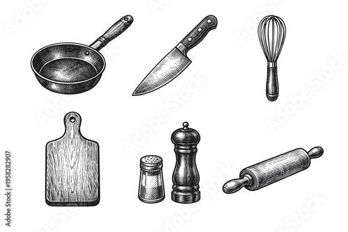 Vintage kitchen utensils set in black and white engraved illustration style with chef knife frying pan whisk cutting board rolling pin and grinder