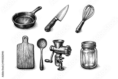 Vintage kitchen utensils set in black and white engraved illustration style with chef knife frying pan whisk cutting board rolling pin and grinder