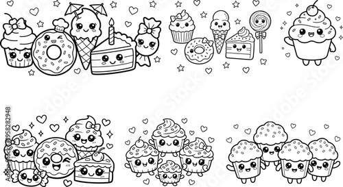 Kawaii Friends Group Coloring Page – Cute Animal Picnic, Ocean Creatures, Food Characters, Space Adventure and School Kids Cartoon Line Art for Kids
