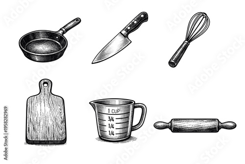 Vintage kitchen utensils set in black and white engraved illustration style with chef knife frying pan whisk cutting board rolling pin and grinder