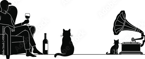 Vintage silhouette with person cats gramophone, wine glass leisure illustration, nostalgic home scene, cozy companionship art, retro lifestyle design concept