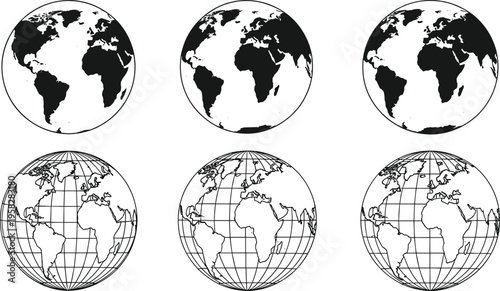 World globe silhouette illustration, Earth map design with continents, latitude longitude grid concept, educational geography symbol, cartographic representation art
