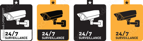 Set of 4 vector surveillance camera icons with 24/7 text, black and white on orange and black backgrounds