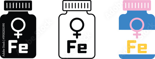Iron supplement bottle icons, female symbol for period nutrition, women’s health and wellness, three styles: black solid silhouette, thin black outline, flat colored vector illustration.