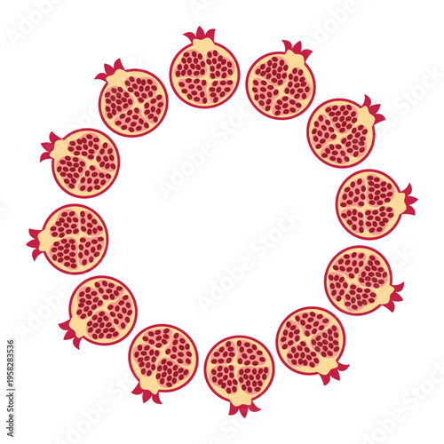 Pomegranate circular frame made of sliced fruits with seeds.
