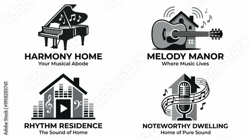 A collection of music-themed logos including piano, guitar, and microphone brands, each representing various facets of musical style and atmosphere for creative businesses.