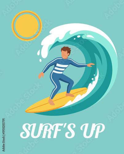 A lively illustration capturing a surfer riding a wave under the sun, embodying the spirit of summer adventure and leisure, perfect for beach-themed products or events.