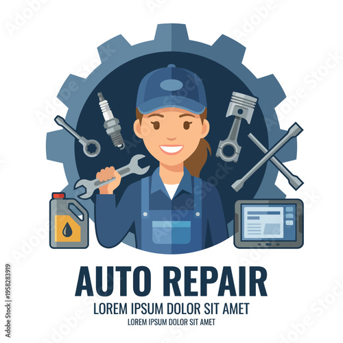 This vibrant illustration showcases an auto mechanic smiling while holding a wrench, surrounded by automotive tools and elements that represent the repair industry and services.