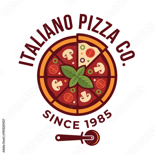 This colorful pizza logo features an artistic depiction of a sliced pizza with fresh ingredients like mushrooms and tomatoes, reflecting the joy of Italian cuisine and culinary art.
