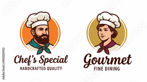 This artistic logo features two chefs in a vintage style, one male and one female, emphasizing quality dining and handcrafted cuisine, ideal for upscale restaurants or catering services.
