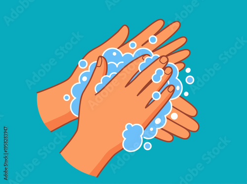 This striking illustration highlights the essential act of handwashing, showing clean hands lathered with soap, representing hygiene and the importance of health in daily life.