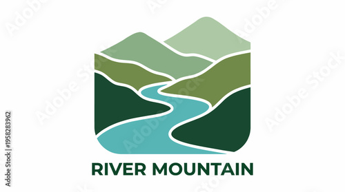 The River Mountain logo illustrates flowing rivers and lush hills, capturing the beauty of nature and inviting outdoor exploration and adventure for nature lovers.