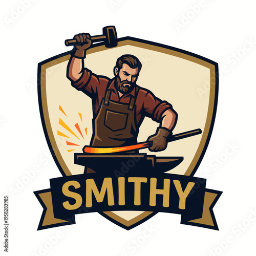 This logo displays a strong blacksmith in action, hammering metal with precision, embodying the artistry and craftsmanship involved in metalworking and forging.