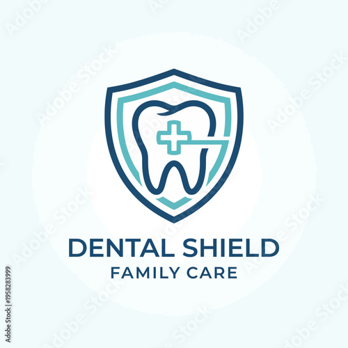 A logo emphasizing dental health with a shield and tooth icon, conveying protection and care, ideal for family-oriented dental clinics and health care providers.