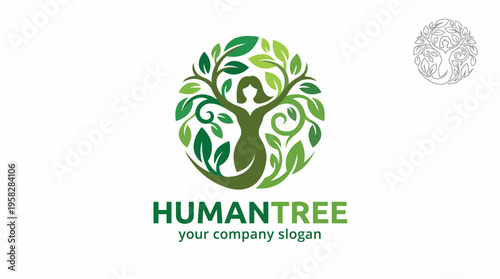 A flowing tree design with human forms integrated symbolizes harmony and connection to nature, making it suitable for eco-conscious and wellness brands.