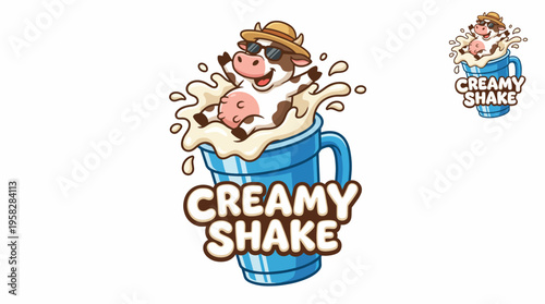 A playful cartoon cow enjoying a delightful milkshake, exuding joy and fun, ideal for a dessert shop or milkshake brand marketing imagery.
