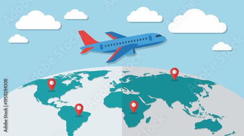 This creative travel-themed image features a flying airplane over a globe, representing adventure, exploration, and the joy of discovering new places worldwide.