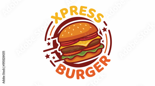 This vibrant burger logo showcases a delicious, juicy burger with fresh toppings, embodying a fun, playful theme perfect for a fast-food brand or eatery.