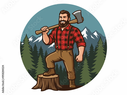 This bold image features a smiling lumberjack holding an axe, standing among tall trees, symbolizing strength, nature, and the rustic charm of outdoor lifestyles.