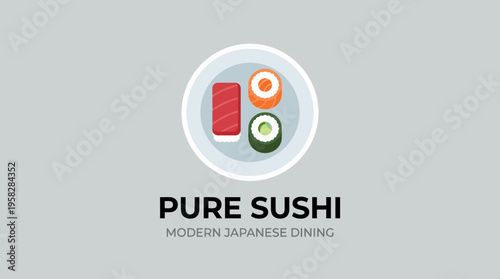 This image showcases a stylish logo design for a modern sushi restaurant, featuring vibrant sushi pieces in an elegant circular plate layout for appealing branding.