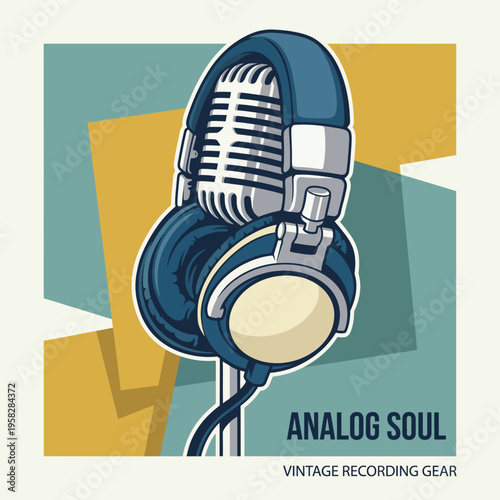 This image depicts a vintage-inspired logo showcasing analog recording gear, featuring a classic microphone and headphones, appealing to a nostalgic music audience.