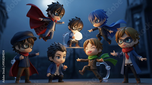 Chibi Anime Superhero Group in Night City Cinematic Action Scene