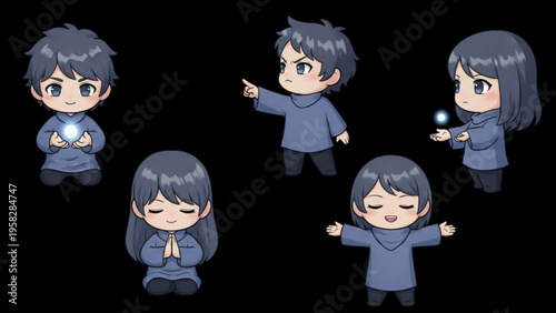 Set of Chibi Anime Character Sprites with Magical Blue Energy Orbs