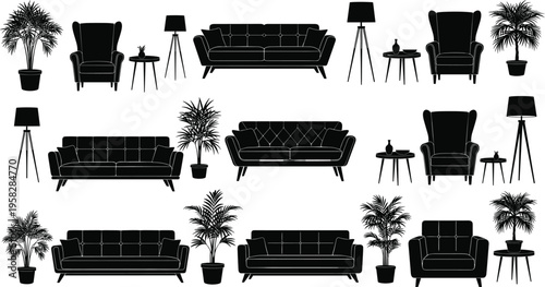 Modern living room furniture silhouettes set, sofa armchair table lamp houseplant icons, minimalist interior design collection isolated on white background