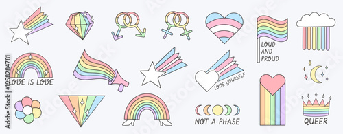 Pastel LGBTQ pride stickers with inclusive slogans. Retro hand-drawn doodles of rainbows, gender symbol for queer celebration and pride month branding. Vector illustration isolated on white background