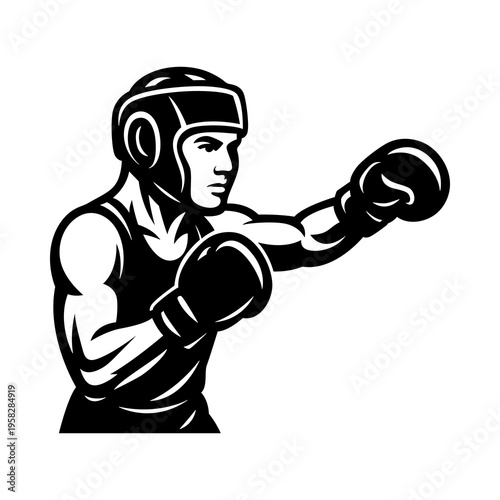 Boxer Athlete Punching Black and White Illustration for Boxing Sport, Combat Training Symbol and Athletic Performance Graphic