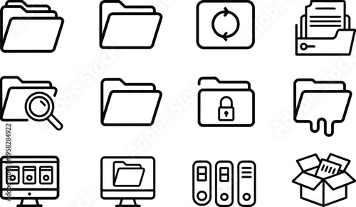 Line art folder icons, close-up top view of file boxes and binders, minimal black outline symbols for digital interfaces and UI design.