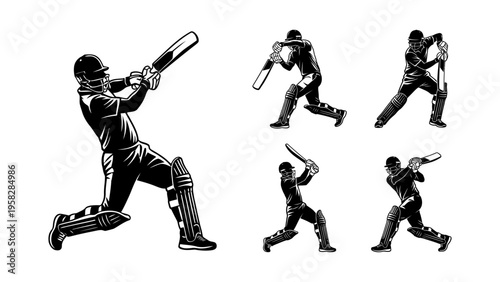 Cricket player silhouette in various batting poses and action shots monochrome illustration set