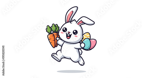 A cute cartoon Easter bunny mascot runs happily holding a carrot and colorful eggs on a pastel background